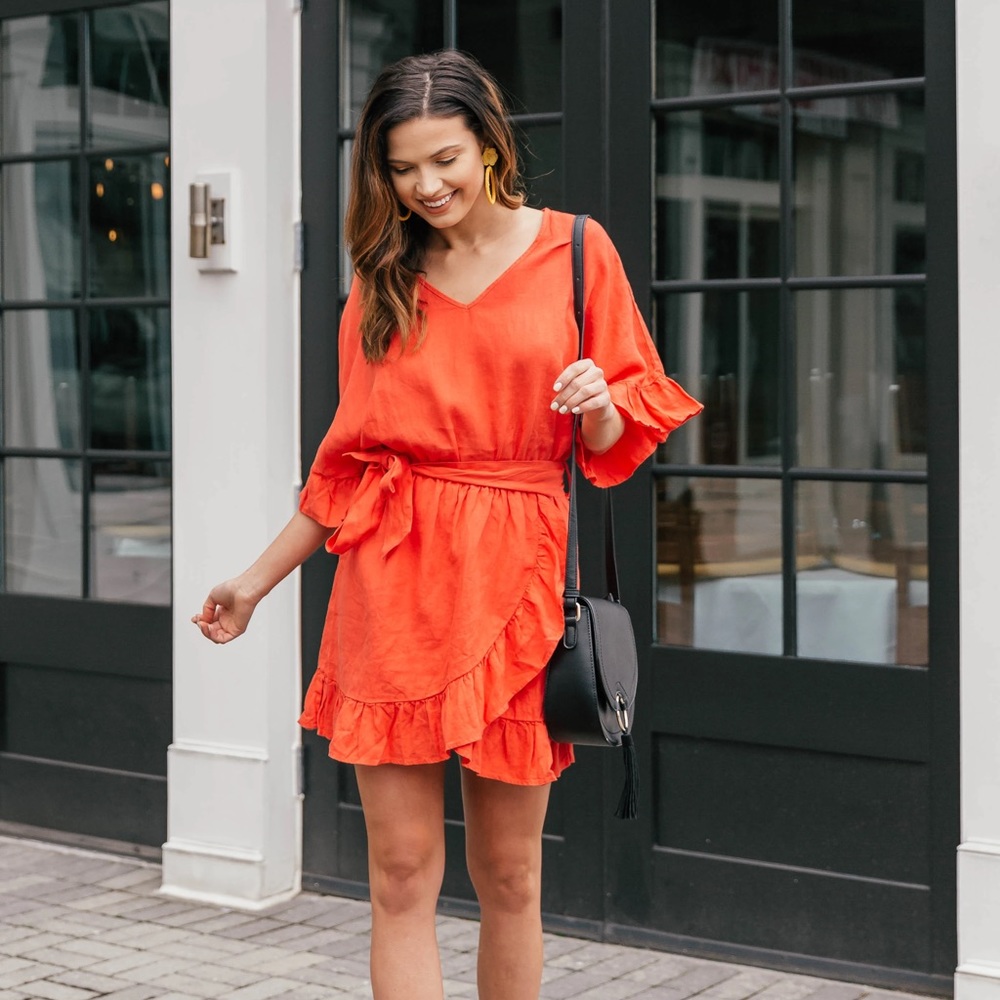 on the road tie waist dress in candy apple, size s